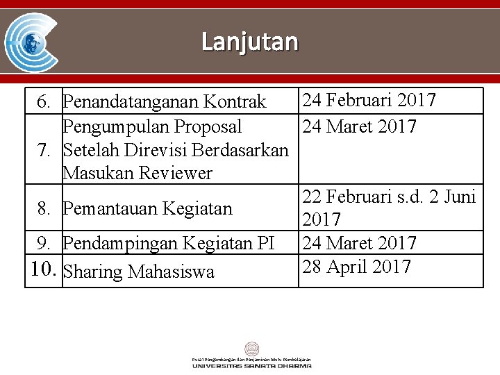 Lanjutan 24 Februari 2017 6. Penandatanganan Kontrak Pengumpulan Proposal 24 Maret 2017 7. Setelah