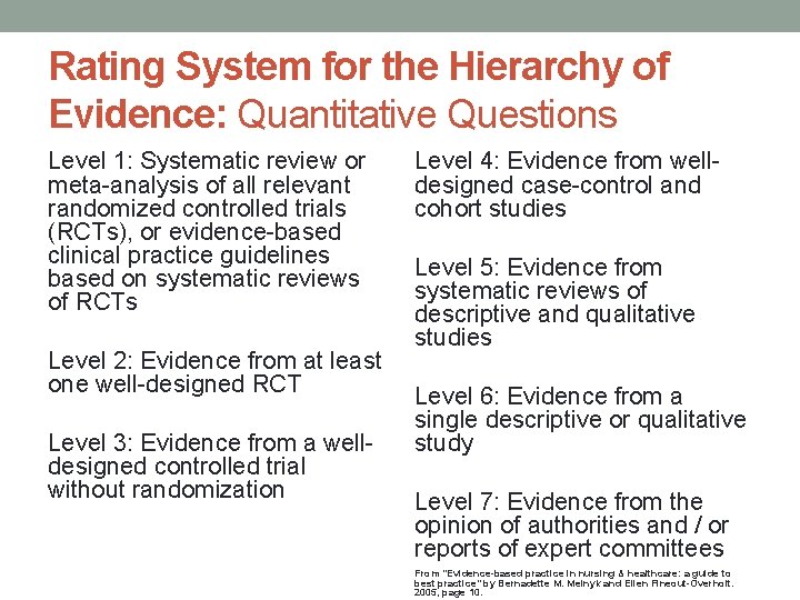 Rating System for the Hierarchy of Evidence: Quantitative Questions Level 1: Systematic review or