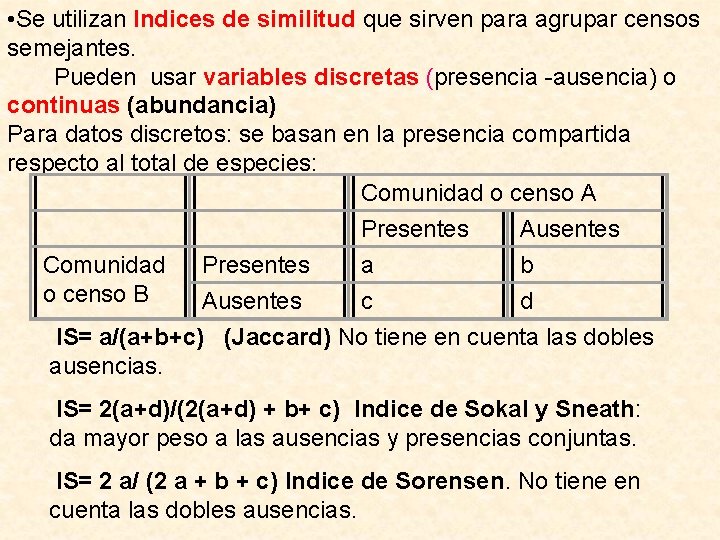  • Se utilizan Indices de similitud que sirven para agrupar censos semejantes. Pueden