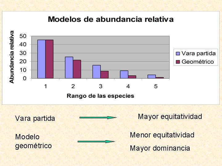 Vara partida Modelo geométrico Mayor equitatividad Menor equitatividad Mayor dominancia 