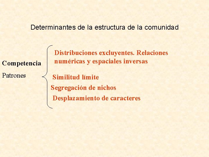 Determinantes de la estructura de la comunidad Competencia Patrones Distribuciones excluyentes. Relaciones numéricas y