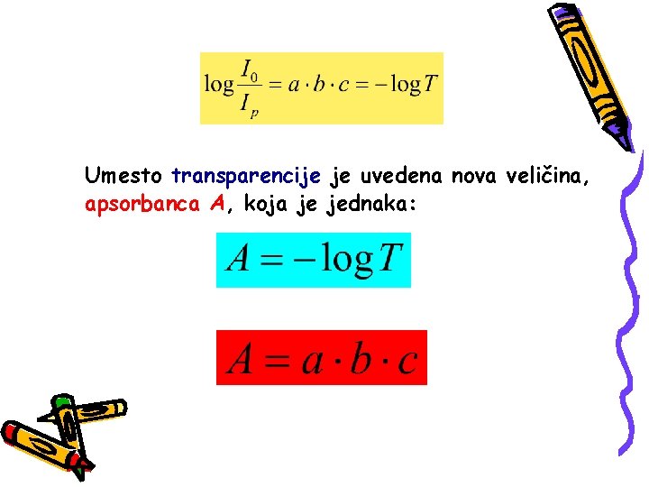 Umesto transparencije je uvedena nova veličina, apsorbanca A, koja je jednaka: 