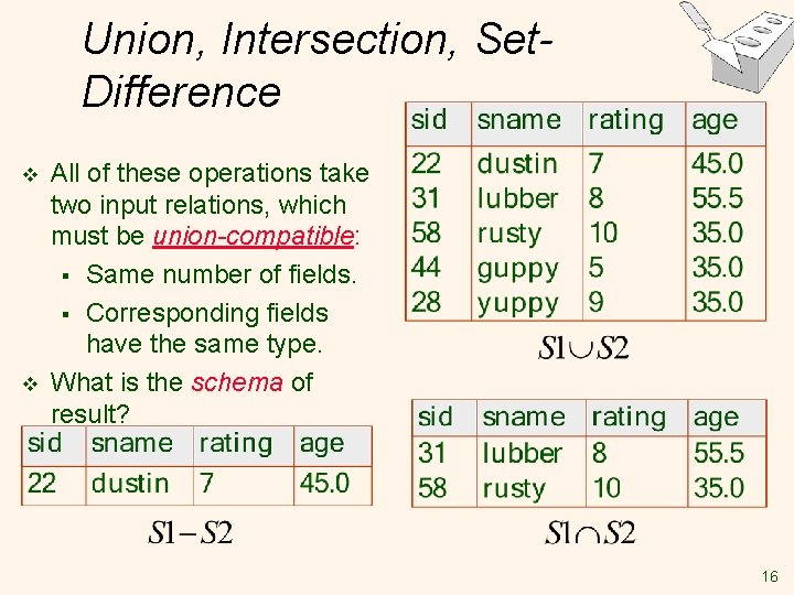 Union, Intersection, Set. Difference v v All of these operations take two input relations, Union, Intersection, Set. Difference v v All of these operations take two input relations,