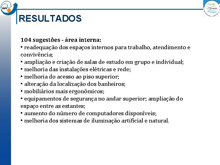 RESULTADOS 104 sugestões - área interna: • readequação dos espaços internos para trabalho, atendimento