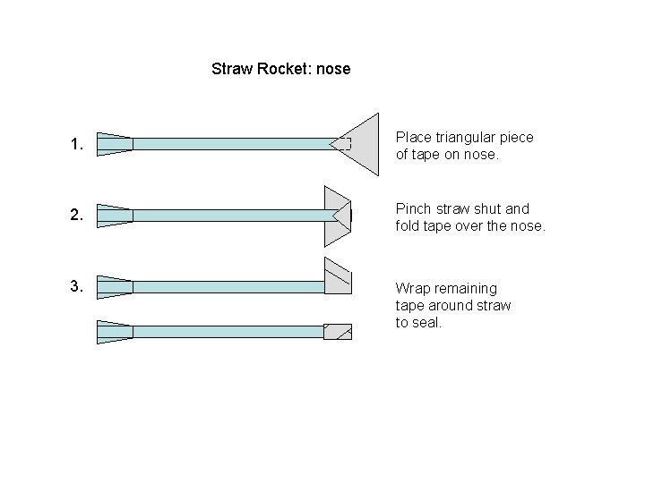 Straw Rocket: nose 1. Place triangular piece of tape on nose. 2. Pinch straw