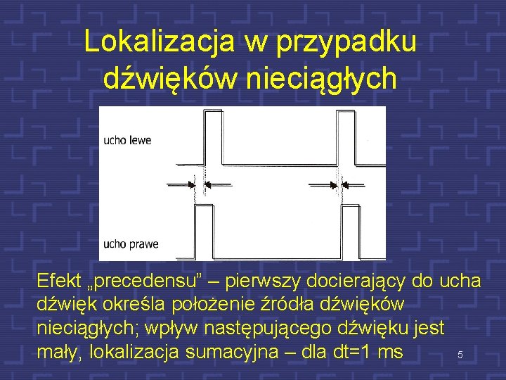 Lokalizacja w przypadku dźwięków nieciągłych Efekt „precedensu” – pierwszy docierający do ucha dźwięk określa