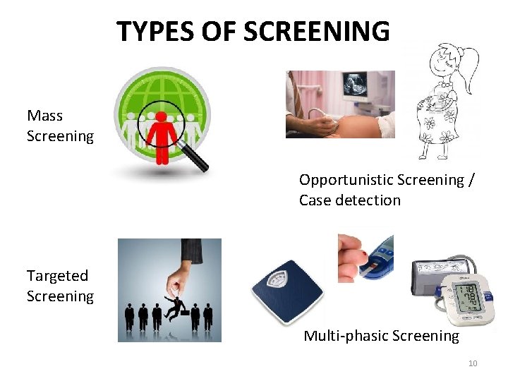 TYPES OF SCREENING Mass Screening Opportunistic Screening / Case detection Targeted Screening Multi-phasic Screening