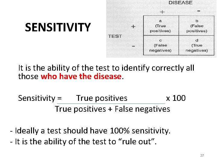 SENSITIVITY It is the ability of the test to identify correctly all those who