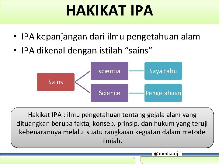 HAKIKAT IPA • IPA kepanjangan dari ilmu pengetahuan alam • IPA dikenal dengan istilah