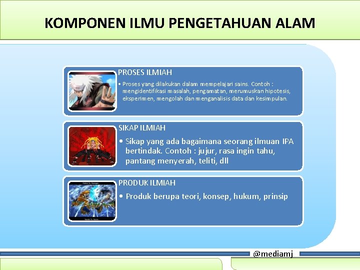 KOMPONEN ILMU PENGETAHUAN ALAM PROSES ILMIAH • Proses yang dilakukan dalam mempelajari sains. Contoh