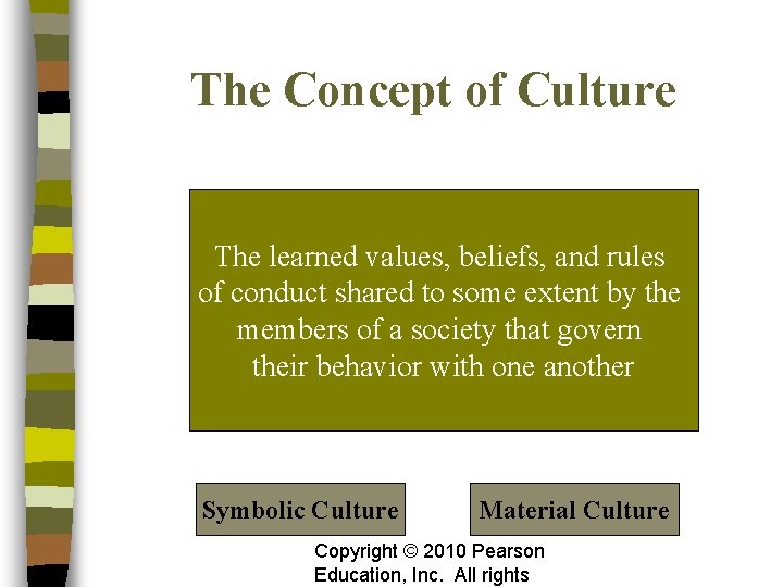 The Concept of Culture The learned values, beliefs, and rules of conduct shared to