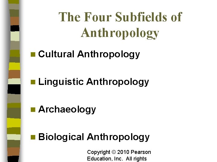 The Four Subfields of Anthropology n Cultural Anthropology n Linguistic Anthropology n Archaeology n