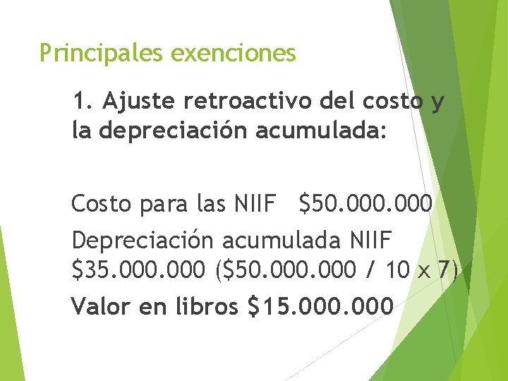 Principales exenciones 1. Ajuste retroactivo del costo y la depreciación acumulada: Costo para las