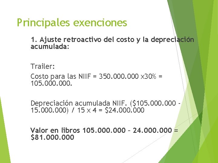 Principales exenciones 1. Ajuste retroactivo del costo y la depreciación acumulada: Trailer: Costo para