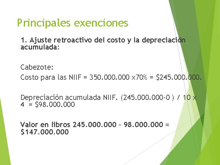 Principales exenciones 1. Ajuste retroactivo del costo y la depreciación acumulada: Cabezote: Costo para