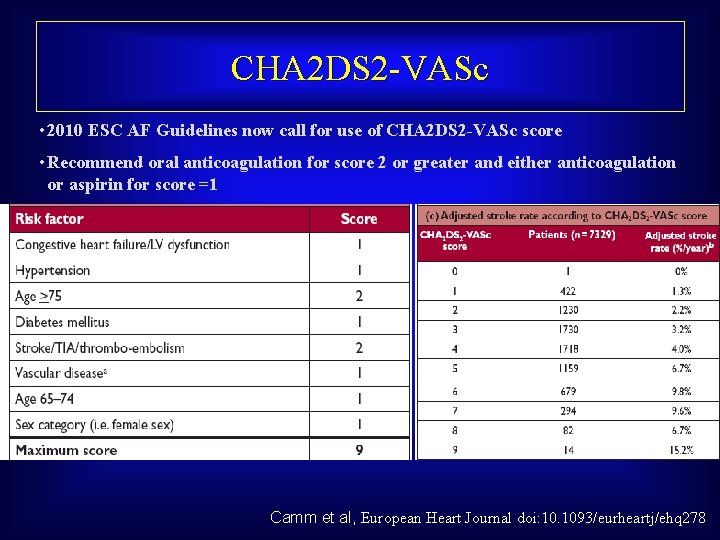 CHA 2 DS 2 -VASc • 2010 ESC AF Guidelines now call for use