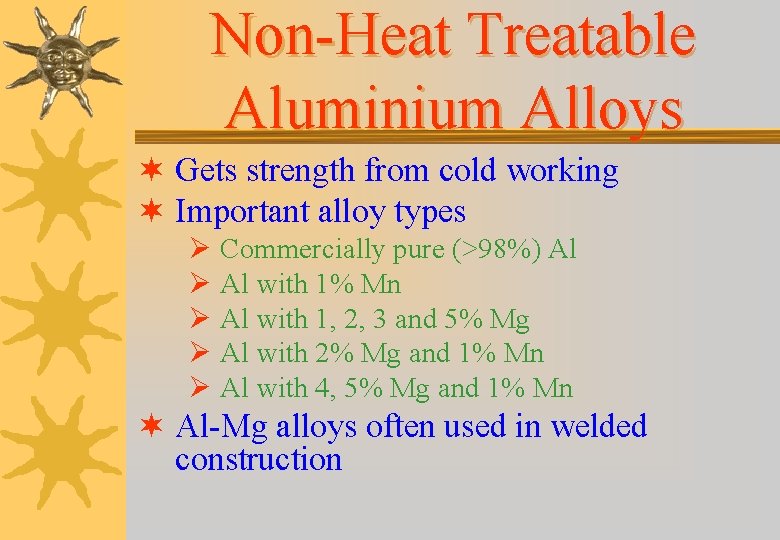 Non-Heat Treatable Aluminium Alloys ¬ Gets strength from cold working ¬ Important alloy types