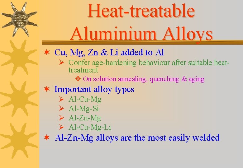 Heat-treatable Aluminium Alloys ¬ Cu, Mg, Zn & Li added to Al Ø Confer