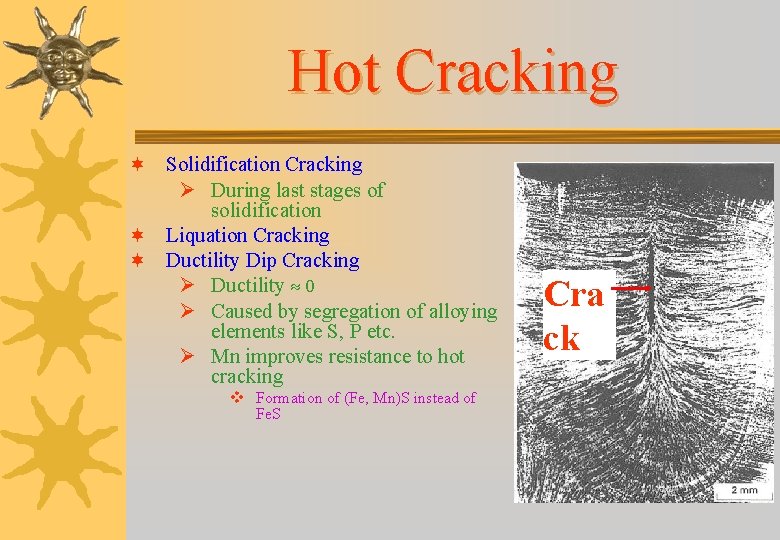 Hot Cracking ¬ Solidification Cracking Ø During last stages of solidification ¬ Liquation Cracking
