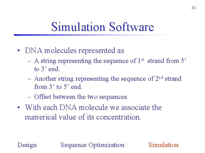 41 Simulation Software • DNA molecules represented as – A string representing the sequence