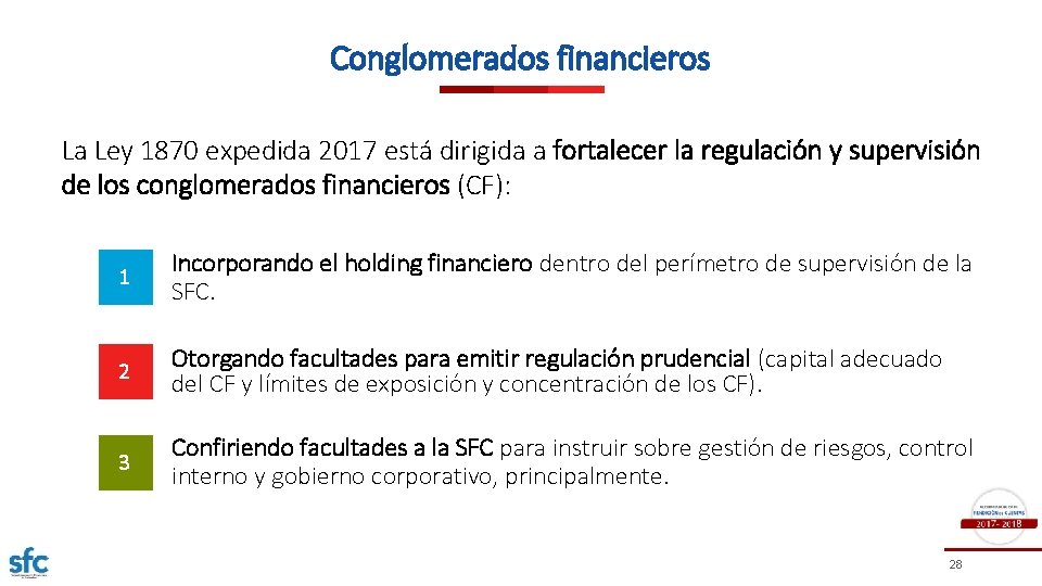 Conglomerados financieros La Ley 1870 expedida 2017 está dirigida a fortalecer la regulación y