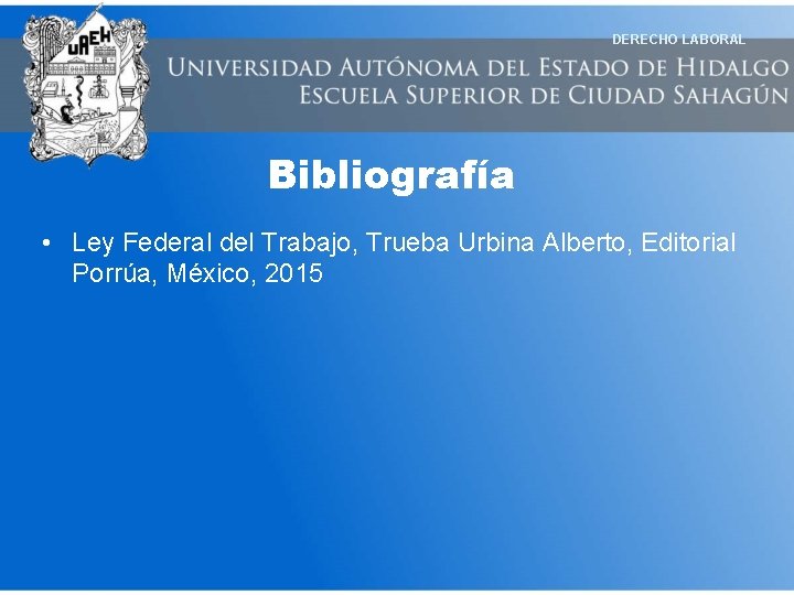 DERECHO LABORAL Bibliografía • Ley Federal del Trabajo, Trueba Urbina Alberto, Editorial Porrúa, México,