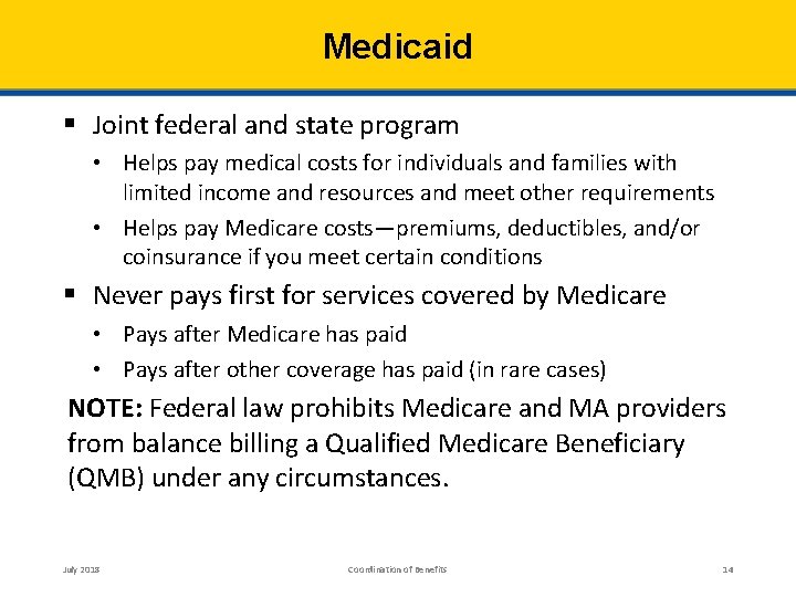 Medicaid § Joint federal and state program • Helps pay medical costs for individuals