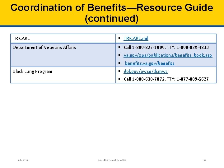 Coordination of Benefits—Resource Guide (continued) TRICARE § TRICARE. mil Department of Veterans Affairs §