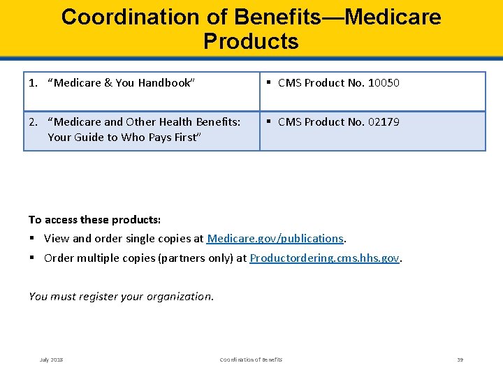 Coordination of Benefits—Medicare Products 1. “Medicare & You Handbook” § CMS Product No. 10050