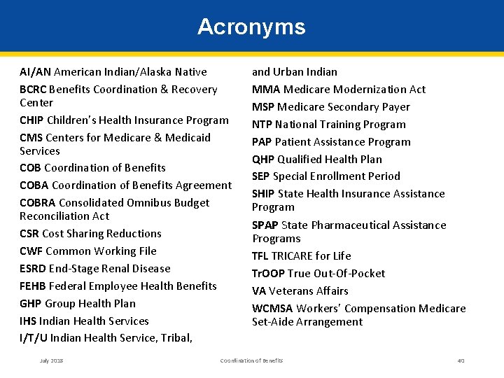 Acronyms AI/AN American Indian/Alaska Native BCRC Benefits Coordination & Recovery Center CHIP Children’s Health