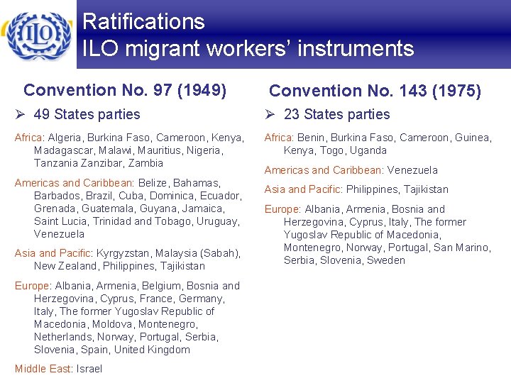 Ratifications ILO migrant workers’ instruments Convention No. 97 (1949) Convention No. 143 (1975) Ø