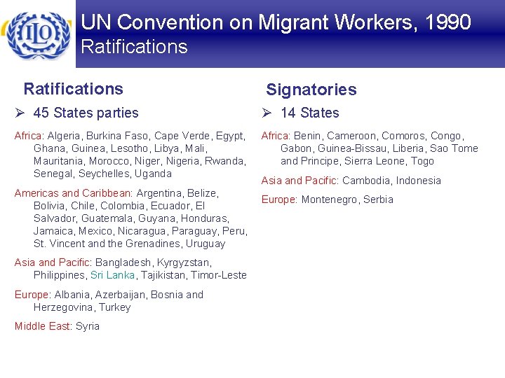 UN Convention on Migrant Workers, 1990 Ratifications Signatories Ø 45 States parties Ø 14