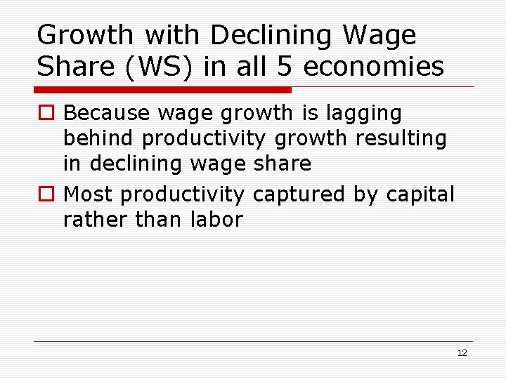 Growth with Declining Wage Share (WS) in all 5 economies o Because wage growth