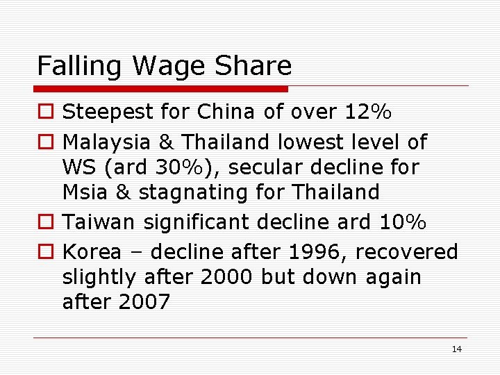 Falling Wage Share o Steepest for China of over 12% o Malaysia & Thailand