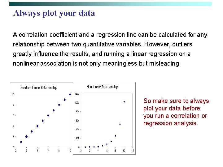 Always plot your data A correlation coefficient and a regression line can be calculated