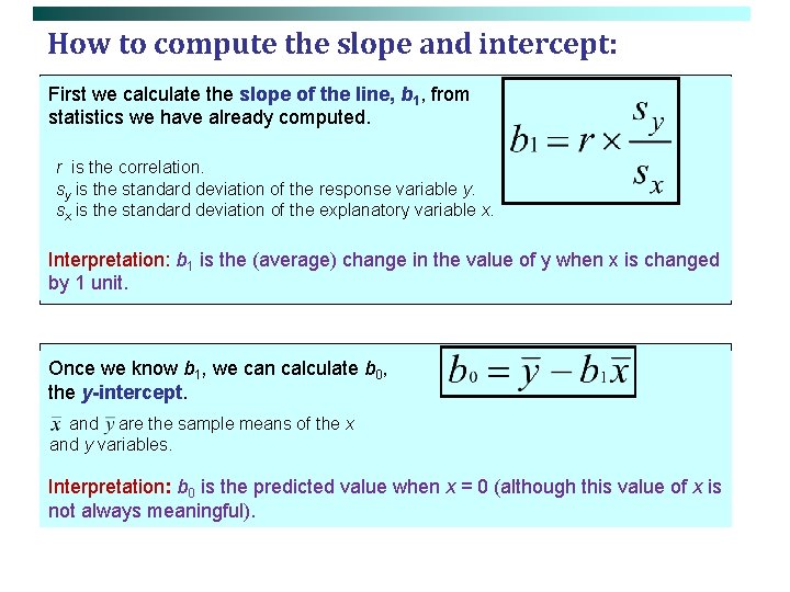 How to compute the slope and intercept: First we calculate the slope of the