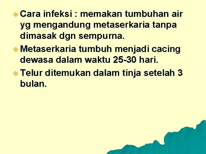 u Cara infeksi : memakan tumbuhan air yg mengandung metaserkaria tanpa dimasak dgn sempurna.