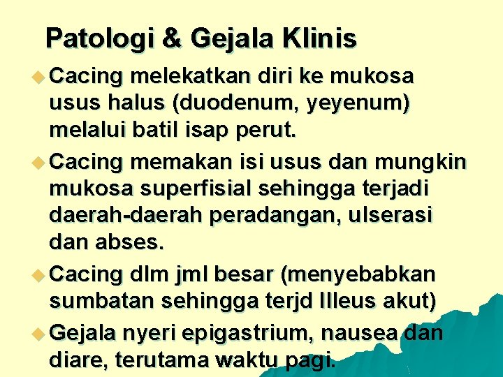 Patologi & Gejala Klinis u Cacing melekatkan diri ke mukosa usus halus (duodenum, yeyenum)