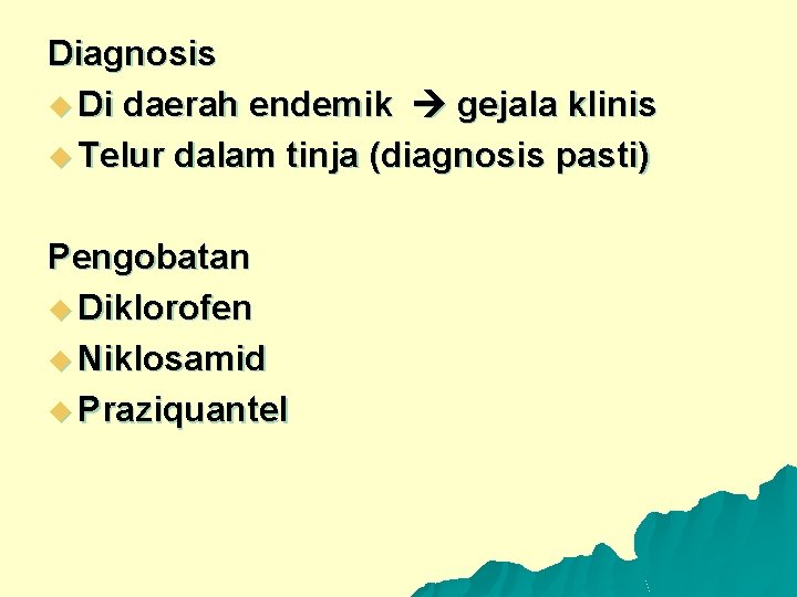 Diagnosis u Di daerah endemik gejala klinis u Telur dalam tinja (diagnosis pasti) Pengobatan