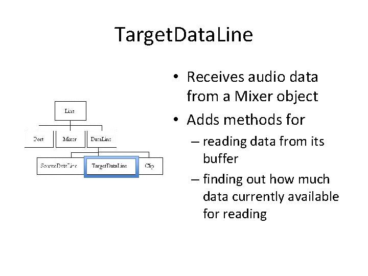 Target. Data. Line • Receives audio data from a Mixer object • Adds methods