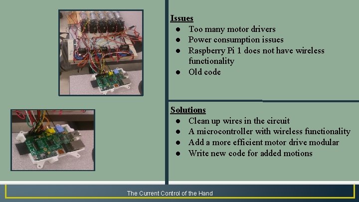 Issues ● Too many motor drivers ● Power consumption issues ● Raspberry Pi 1