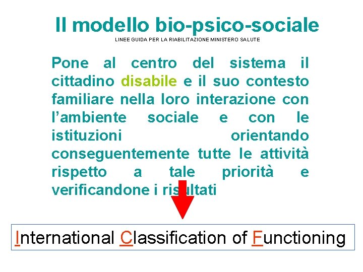 Il modello bio-psico-sociale LINEE GUIDA PER LA RIABILITAZIONE MINISTERO SALUTE Pone al centro del