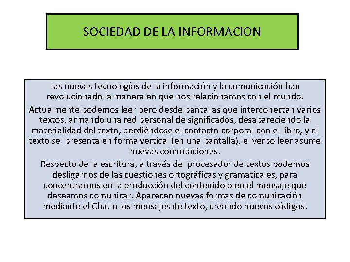 SOCIEDAD DE LA INFORMACION Las nuevas tecnologías de la información y la comunicación han