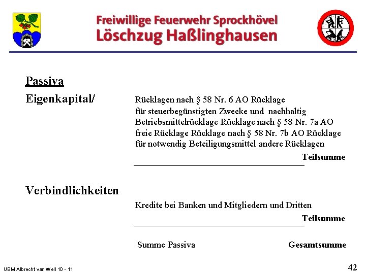 Passiva Eigenkapital/ Rücklagen nach § 58 Nr. 6 AO Rücklage für steuerbegünstigten Zwecke und