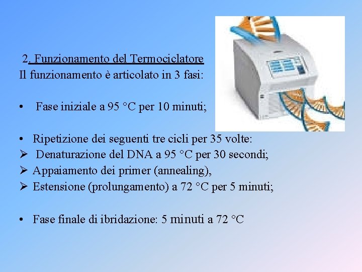2. Funzionamento del Termociclatore Il funzionamento è articolato in 3 fasi: • Fase iniziale