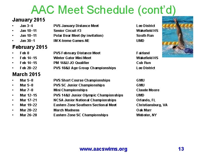 AAC Meet Schedule (cont’d) January 2015 • • Jan 3~4 Jan 10~11 Jan 30~1