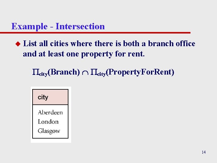 Example - Intersection u List all cities where there is both a branch office Example - Intersection u List all cities where there is both a branch office