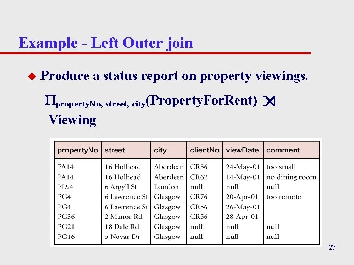 Example - Left Outer join u Produce a status report on property viewings. property. Example - Left Outer join u Produce a status report on property viewings. property.