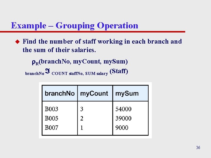 Example – Grouping Operation u Find the number of staff working in each branch