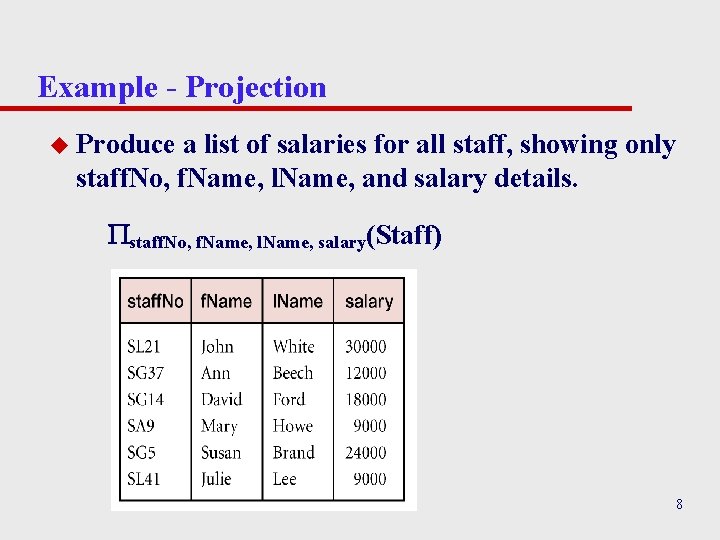 Example - Projection u Produce a list of salaries for all staff, showing only